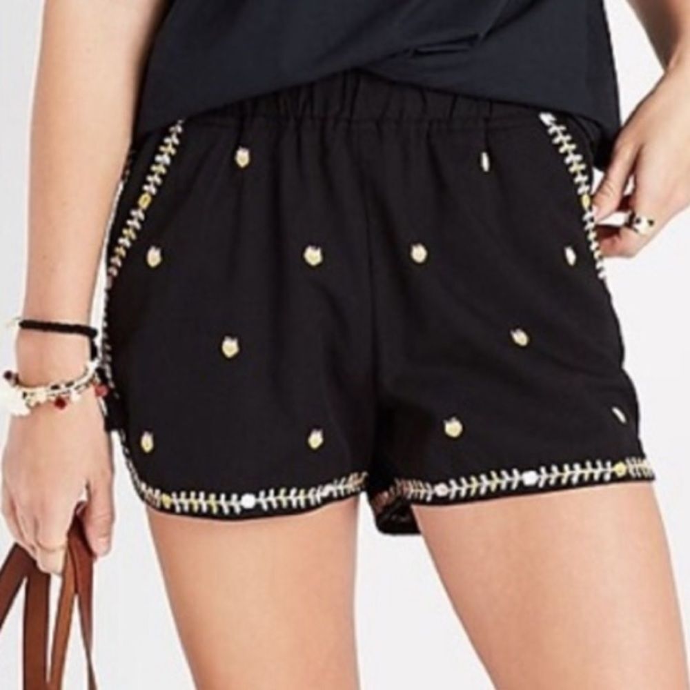 Madewell Embroidered Springtime Pull-On Shorts Black Yellow Blush Boho Size XS